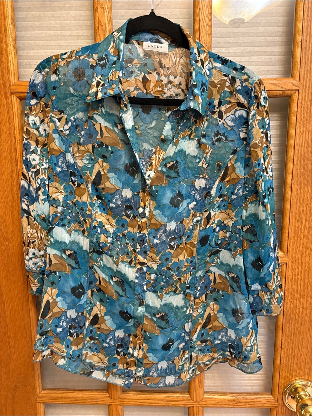 Canda EUC Floral Blouse in Teal & Brown
